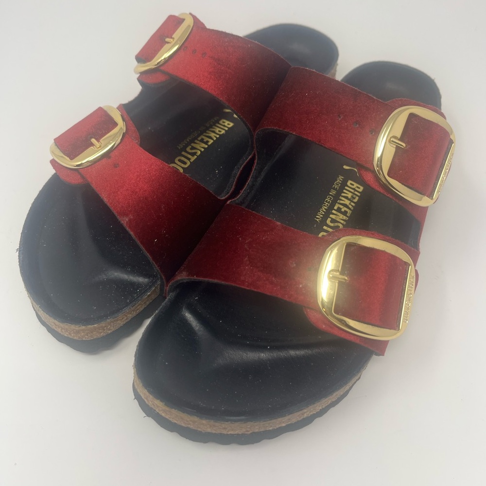 BIRKENSTOCK Arizona Big Buckle Women's Velvet Sandals Red Sz 40 / US 9 NEW - Picture 2 of 6